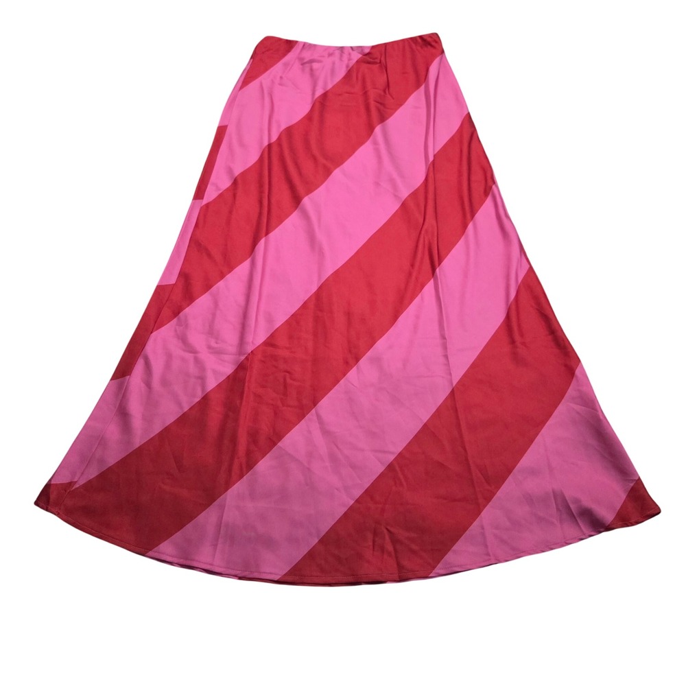 Petal & Pup Kailey Midi Skirt Red Pink Striped Satin High Waist Size L NWT - Picture 3 of 12